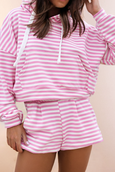 Stripe Kangaroo Pocket Hoodie and Wide Leg Shorts Set