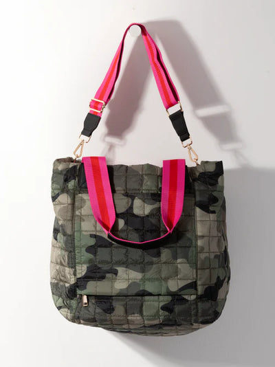 Ezra Quilted Nylon Camo Travel Tote | Shiraleah