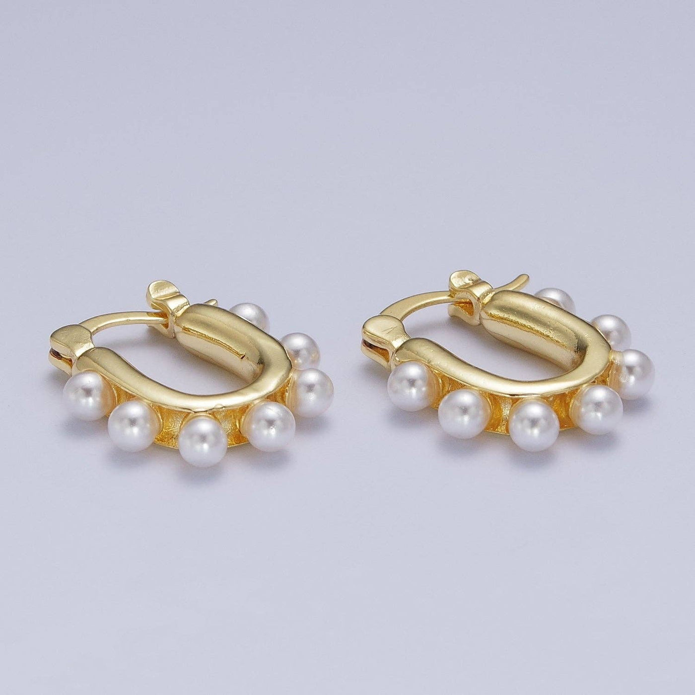 24K Gold Filled Round Pearl Lined 23.6mm U-Shaped Latch Earrings | Y205